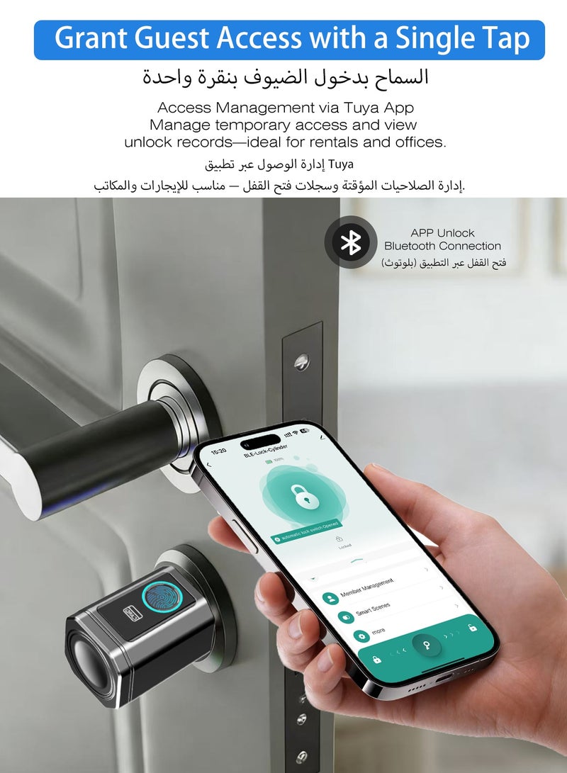 الينك أسطوانة القفل الذكي من A-Link - مع تقنية بلوتوث "Tuya" - تفتح عن طريق البصمة / البطاقة الذكية / التطبيق عن بُعد، مع قلب قفل قابل للإزالة مناسب للمستأجرين (بدون استبدال القفل بالكامل) للأبواب الأمنية / الخشبية (بسماكة 40-100 مم) - Image 4